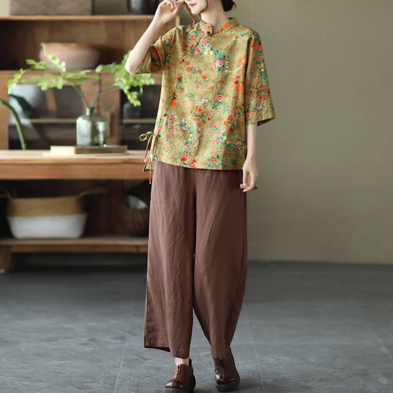 Baumwollleinen Damen Casual Floral Unregelmäßige Vintage Shirt OP1015 