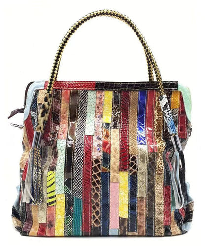 Cowhide Snake Striped Patchwork Durable Tote Handbag GG086