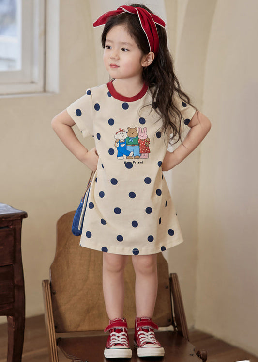 Cozy Apricot O Neck Print Cotton Girls T Shirt Dress Summer TT011