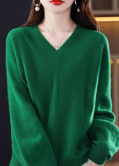 Cozy Green V Neck Solid Knit Knit Sweaters Fall QI002