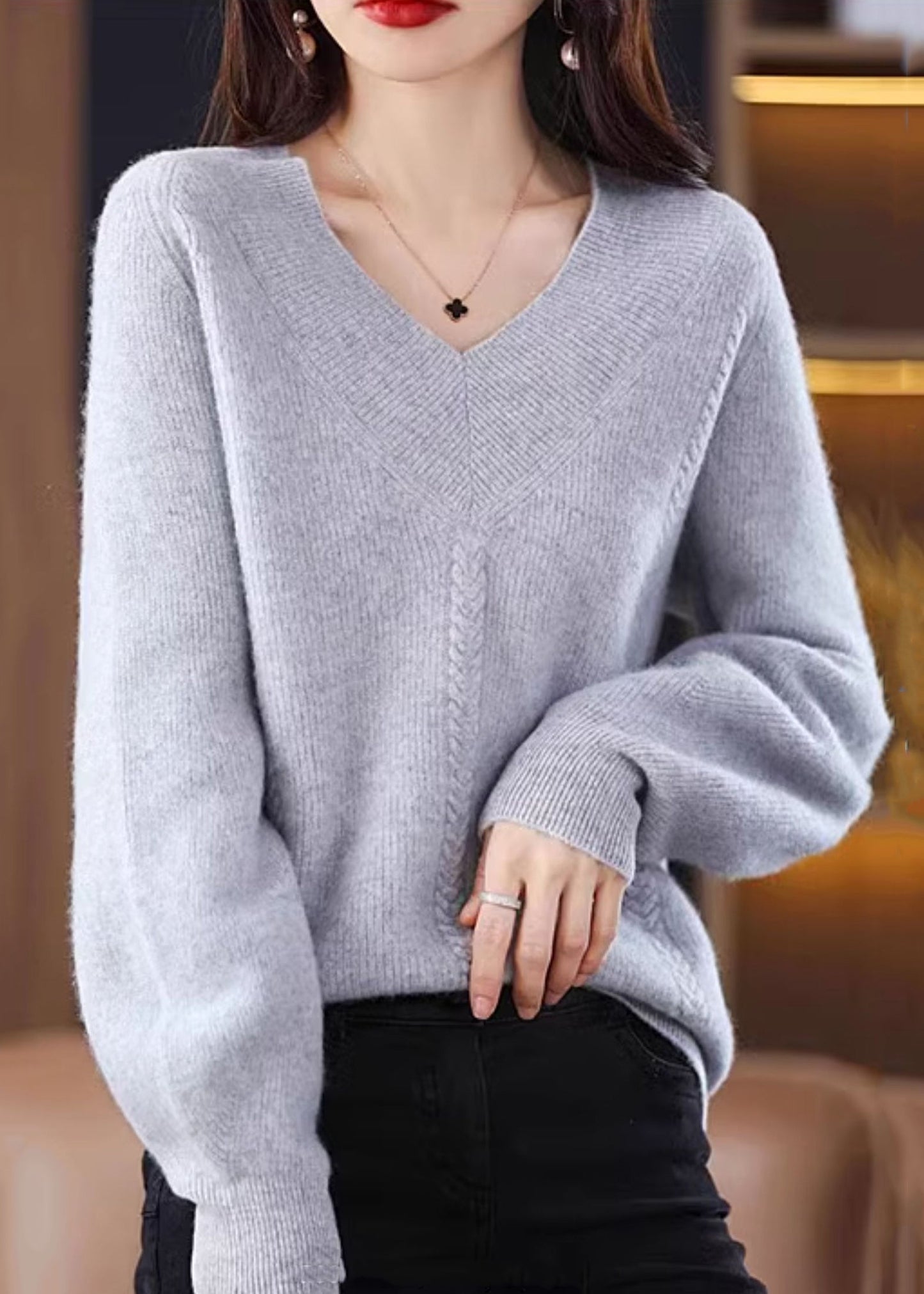 Cozy Green V Neck Solid Knit Knit Sweaters Fall QI002