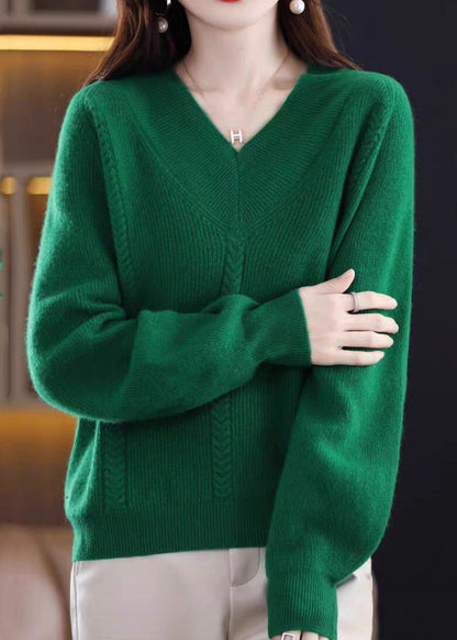 Cozy Green V Neck Solid Knit Knit Sweaters Fall QI002