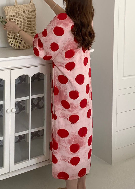 Robe pyjama en coton rose à imprimé à lacets et manches mi-longues XX070