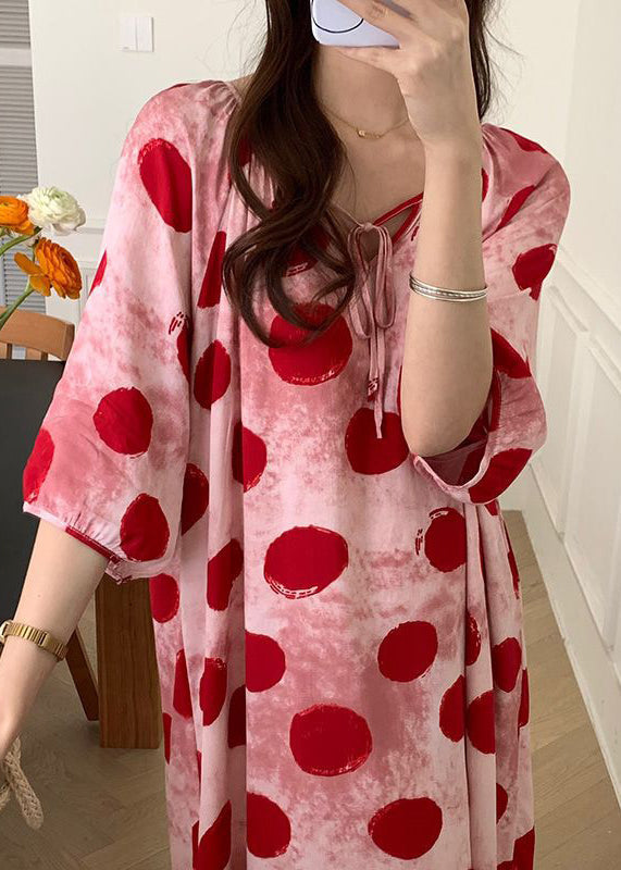 Robe pyjama en coton rose à imprimé à lacets et manches mi-longues XX070