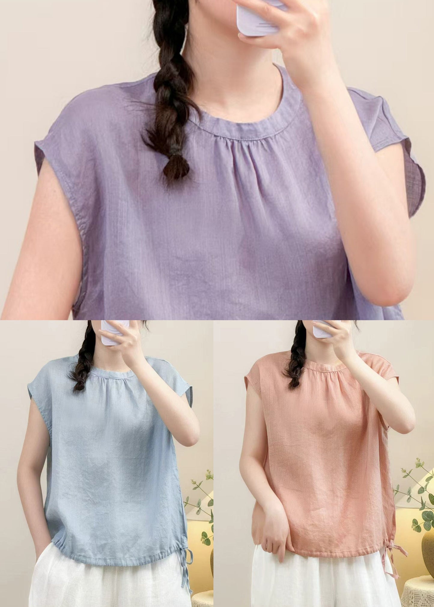 Solid Summer Shirt O Cozy Linen Pink Neck