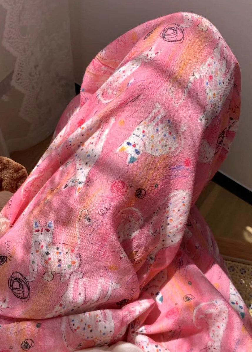 Pink Pajamas Waist Cozy Pants Print Summer Cotton Elastic