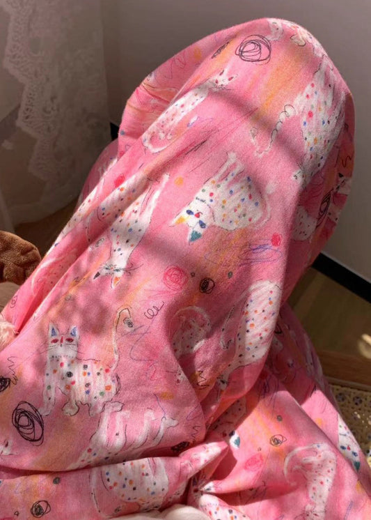 Pink Pajamas Waist Cozy Pants Print Summer Cotton Elastic