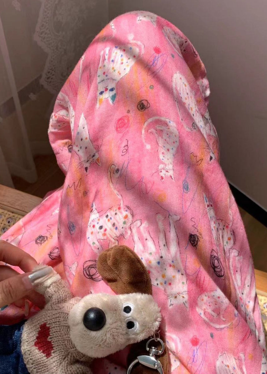 Pink Pajamas Waist Cozy Pants Print Summer Cotton Elastic
