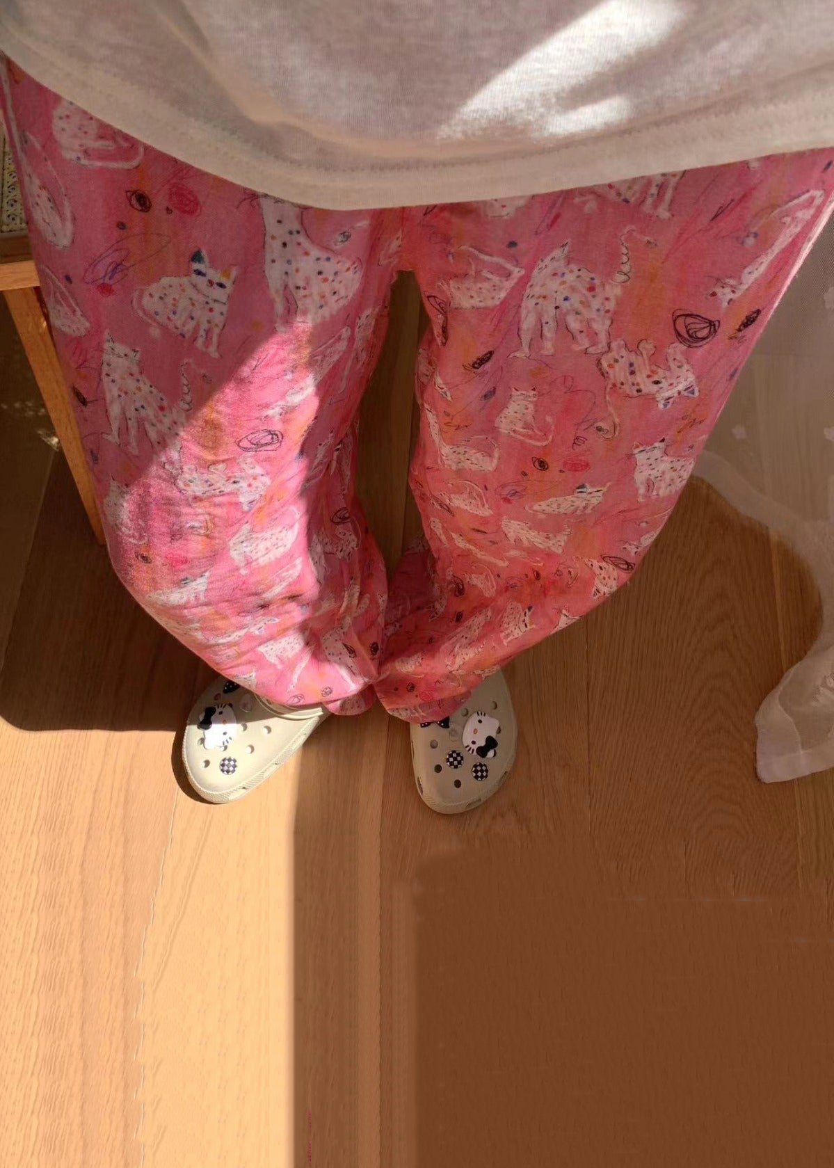 Pink Pajamas Waist Cozy Pants Print Summer Cotton Elastic
