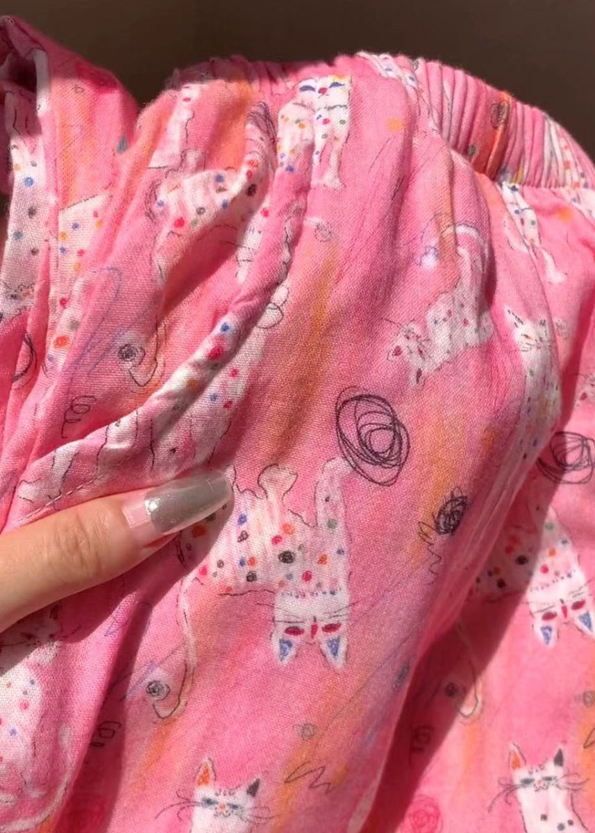 Pink Pajamas Waist Cozy Pants Print Summer Cotton Elastic