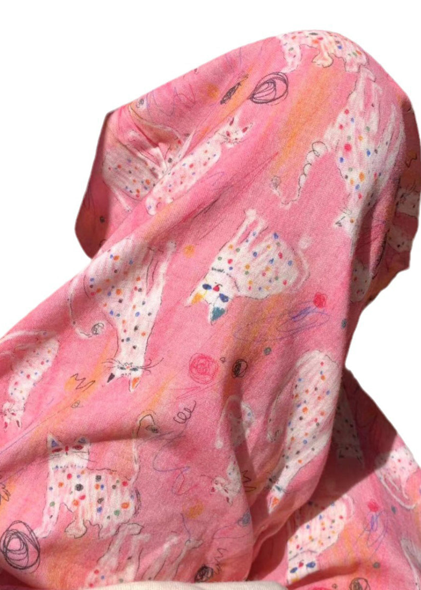 Pink Pajamas Waist Cozy Pants Print Summer Cotton Elastic