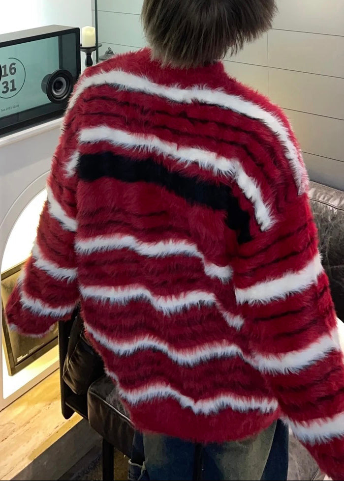 Cozy Red Striped Thick Mink Hair Knitted Men Sweaters Fall QH038