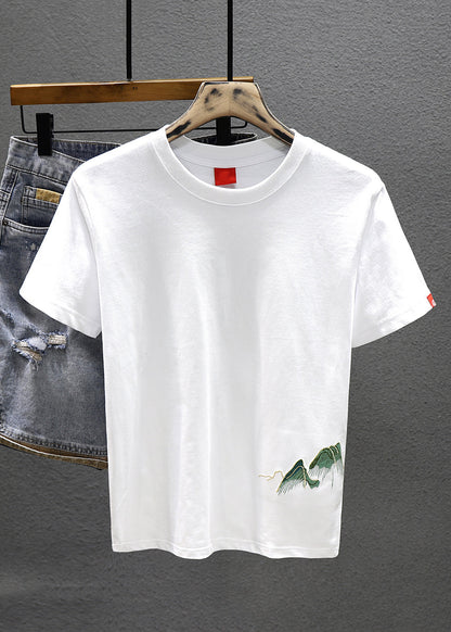 Cozy White O Neck Print Cotton Men T Shirt Short Sleeve LK070