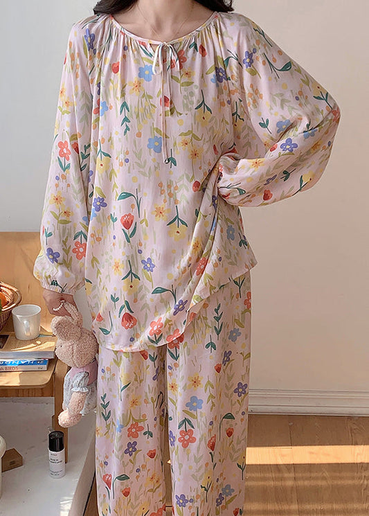 Cute Apricot O-Neck Print Silk Velvet Top And Pants Two Pieces Set Long Sleeve XS1005
