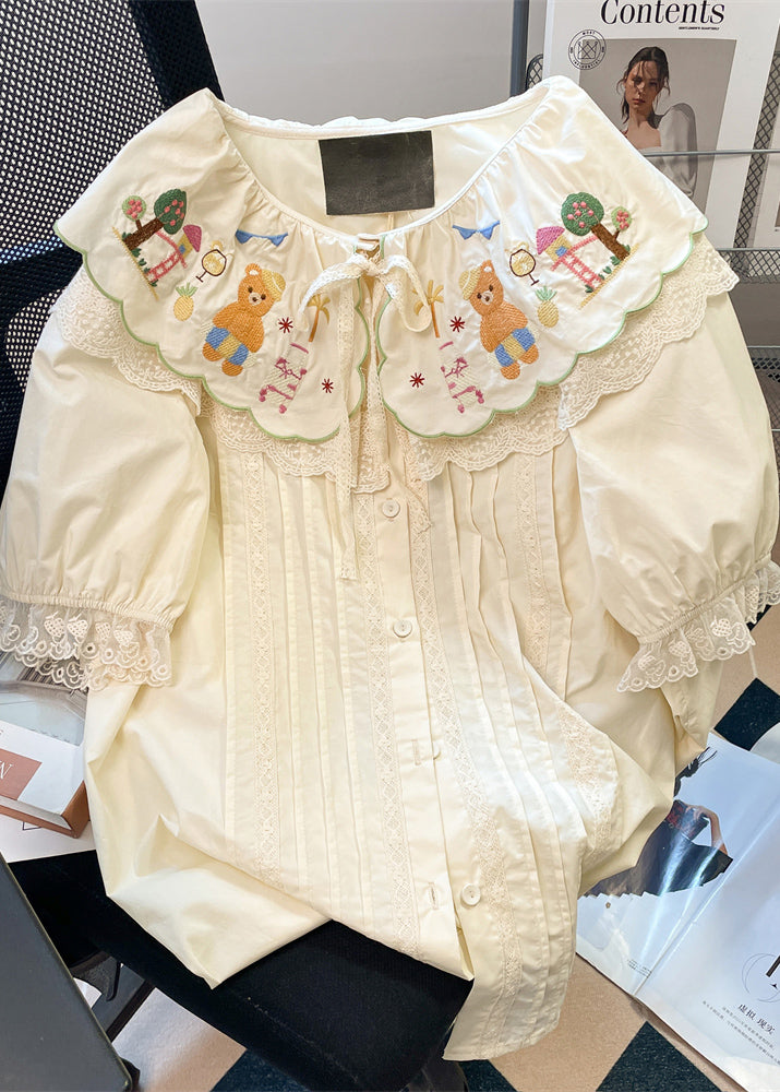 Cute Apricot Peter Pan Collar Embroidered Patchwork Cotton Shirts Summer WN019