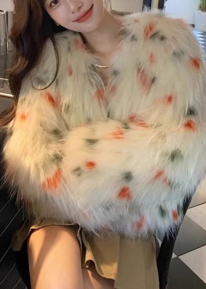 Cute Apricot V Neck Raccoon Hair Print Leather And Fur Coats Winter WZ026