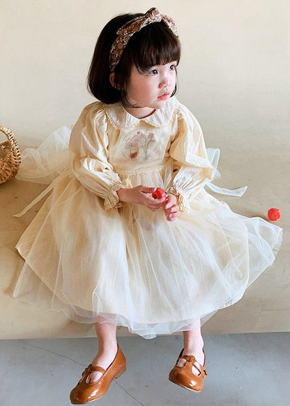 Cute Beige Lace Up Tulle Patchwork Girls Dresses Long Sleeve XZ061