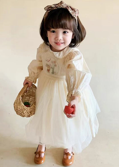 Cute Beige Lace Up Tulle Patchwork Girls Dresses Long Sleeve XZ061