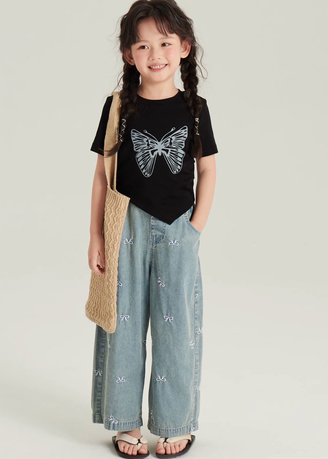 Cute Black Asymmetrical Butterfly Print Girls Top And Crop Pants Two Pieces Set Short Sleeve YU1061