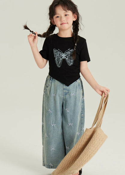 Cute Black Asymmetrical Butterfly Print Girls Top And Crop Pants Two Pieces Set Short Sleeve YU1061