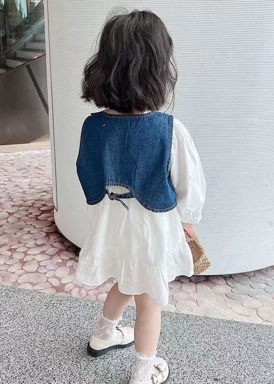 Cute Blue O-Neck Button Cotton Girls Two Pieces Set Long Sleeve XZ080