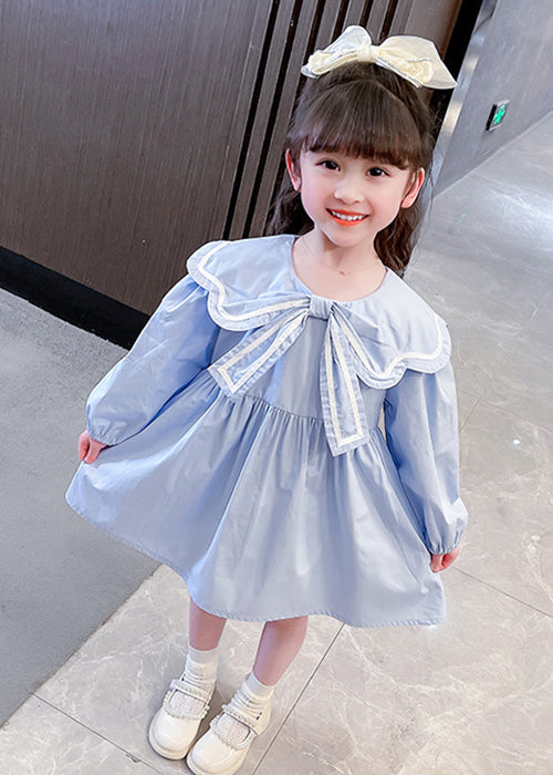 Robe mignonne en coton uni à col Peter Pan bleu pour filles, manches longues XZ016