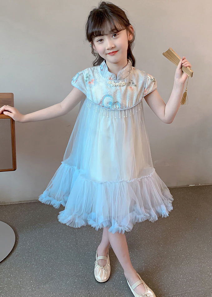 Robe longue d'été en tulle à imprimé patchwork bleu pour enfants MN027