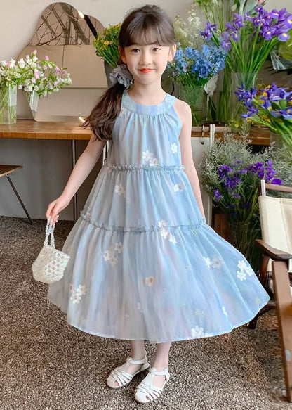 Cute Blue Ruffled Button Print Chiffon Girls Dress Sleeveless EW059