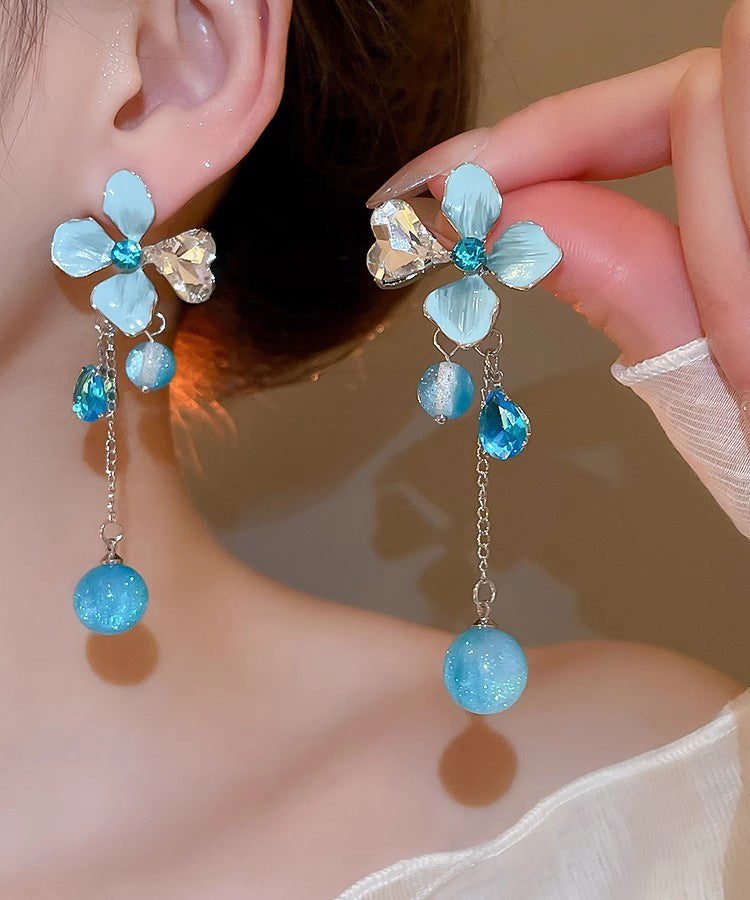 Blue Resin Silver Zircon Floral Drop Srerling Tassel Cute Alloy