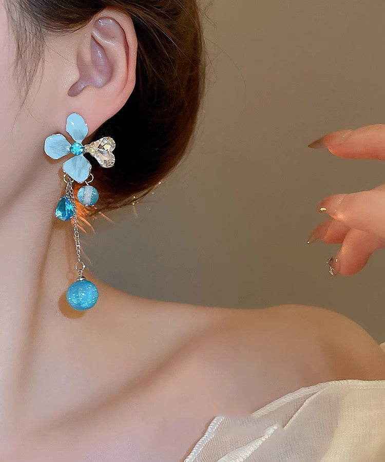 Blue Resin Silver Zircon Floral Drop Srerling Tassel Cute Alloy