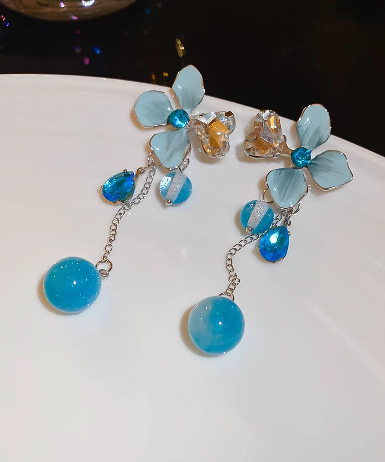 Blue Resin Silver Zircon Floral Drop Srerling Tassel Cute Alloy