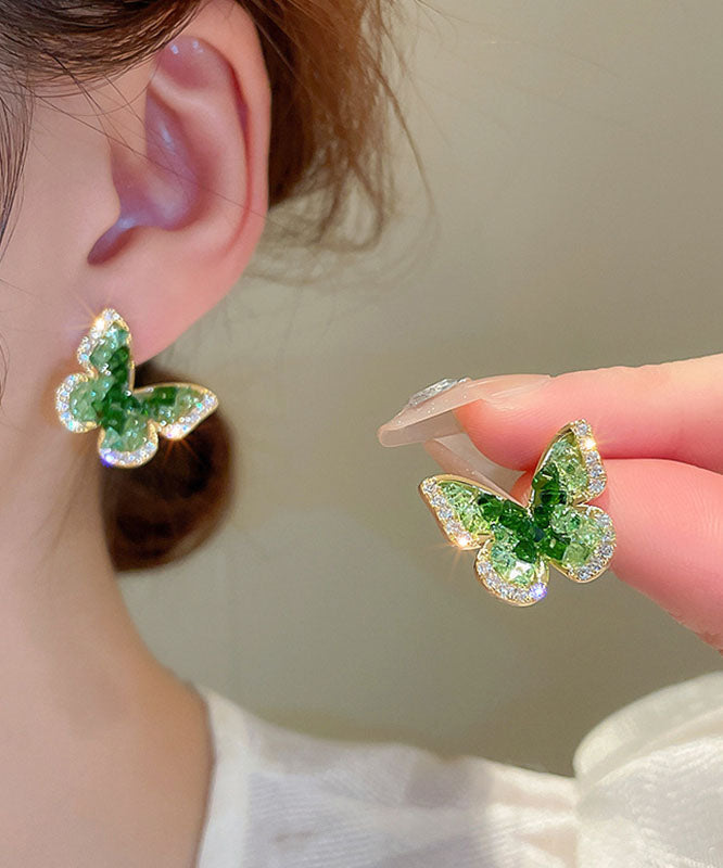 Boucles d'oreilles papillon en cuivre vert avec zircons et cristal