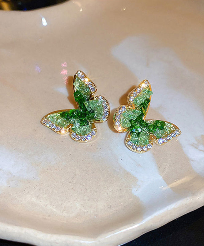 Boucles d'oreilles papillon en cuivre vert avec zircons et cristal