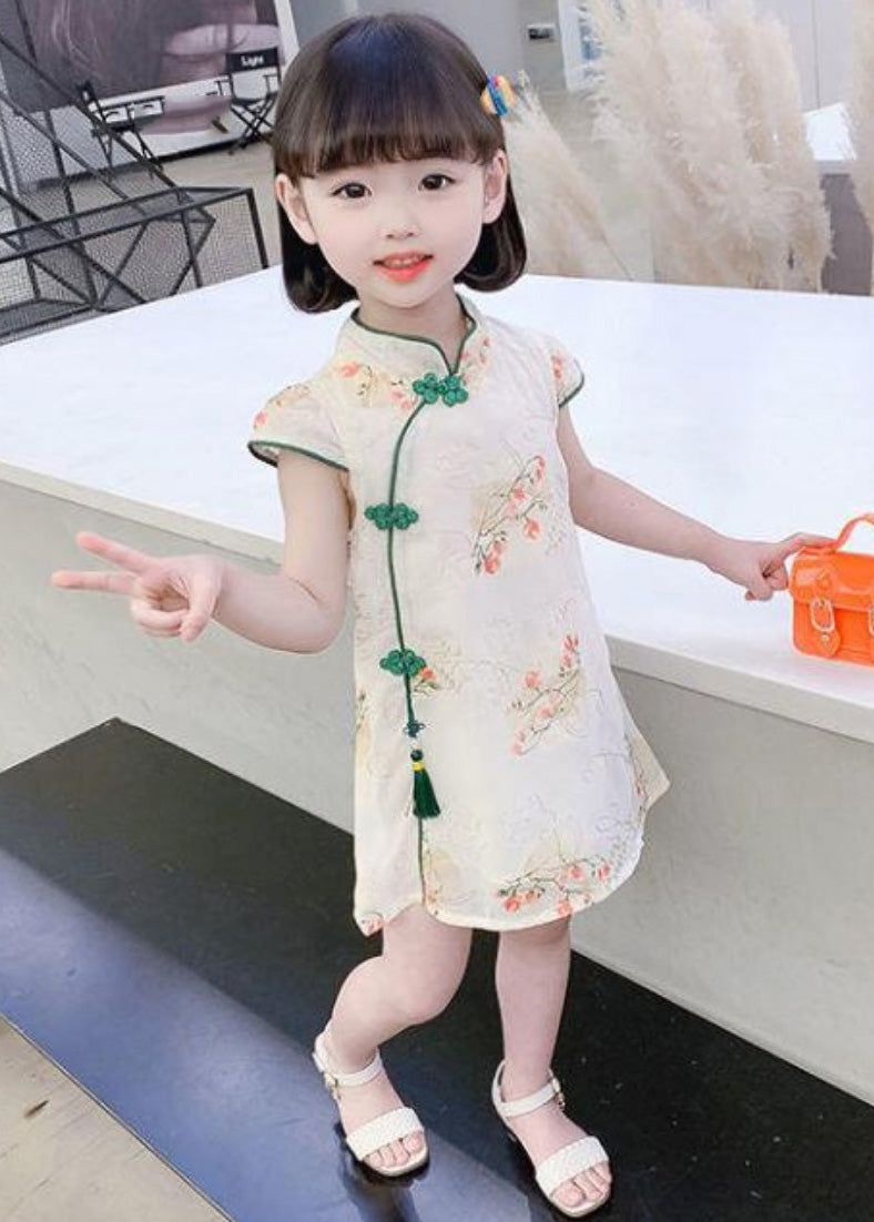 Cute Green Embroidered Tassel Silk Girls Mid Dress Short Sleeve GF012