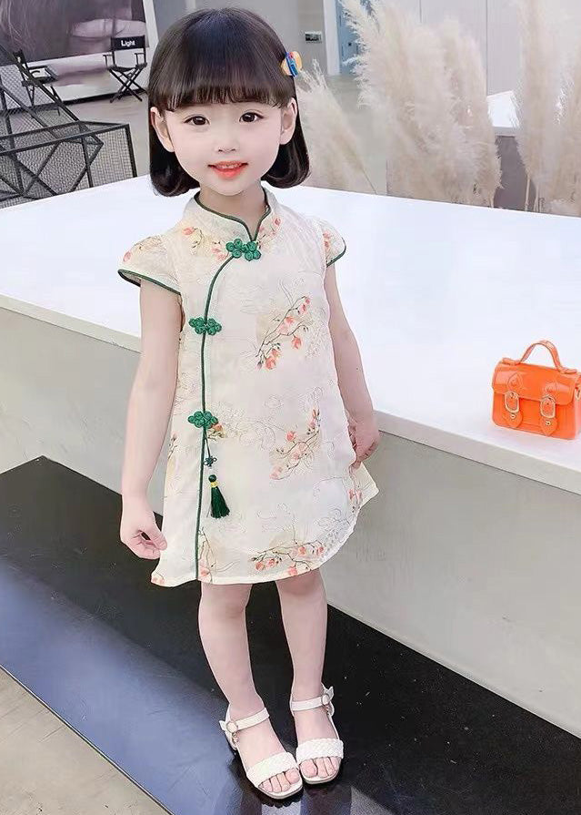 Cute Green Embroidered Tassel Silk Girls Mid Dress Short Sleeve GF012