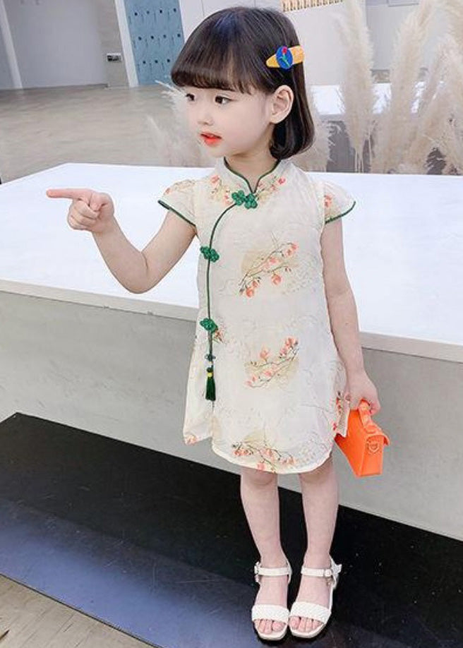 Cute Green Embroidered Tassel Silk Girls Mid Dress Short Sleeve GF012