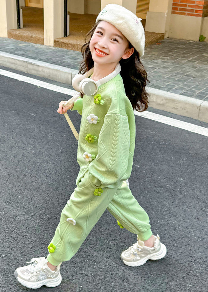 Cute Green Floral Plaid Girls Top And Harem Pants Two Piece Set Clothing Spring TR036