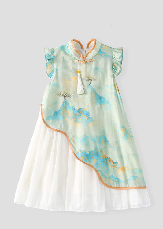 Robe longue en mousseline de soie à col montant vert mignon pour enfants, patchwork, manches courtes, MN001