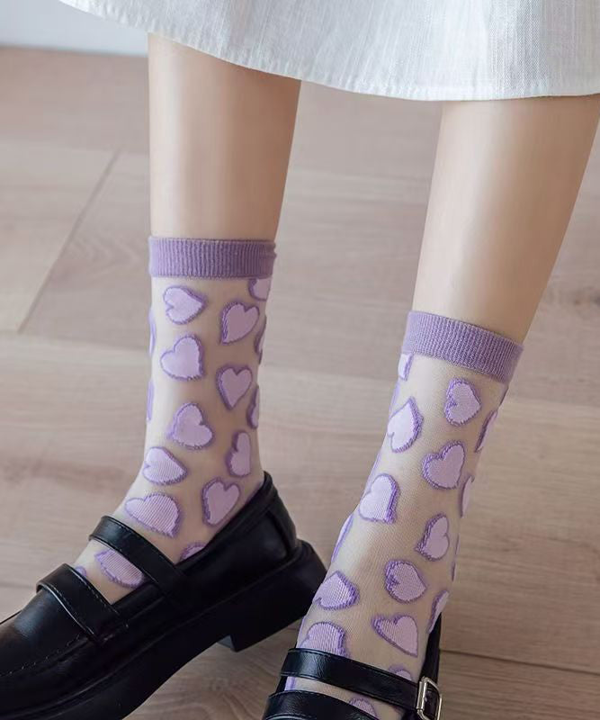 Süße transparente dünne mittellange Jacquard-Socken mit Herzmuster KJ044