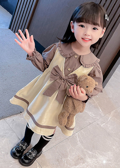 Cute Khaki Bow Shirt And Dress Cotton Girls Two Piece Set Fall XZ066