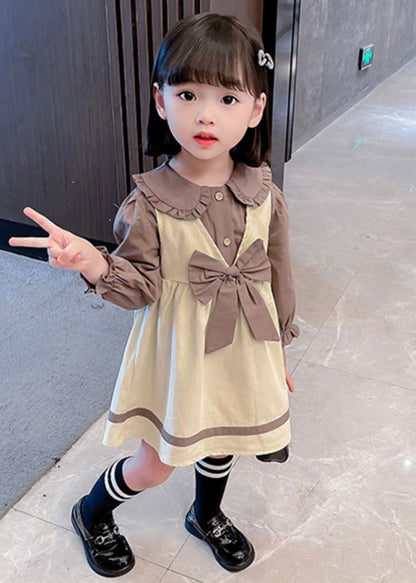 Cute Khaki Bow Shirt And Dress Cotton Girls Two Piece Set Fall XZ066