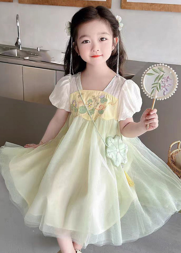 Jolies robes longues en tulle à col carré vert clair pour enfants, manches courtes, MN008