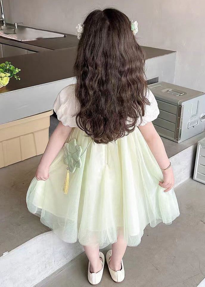 Jolies robes longues en tulle à col carré vert clair pour enfants, manches courtes, MN008