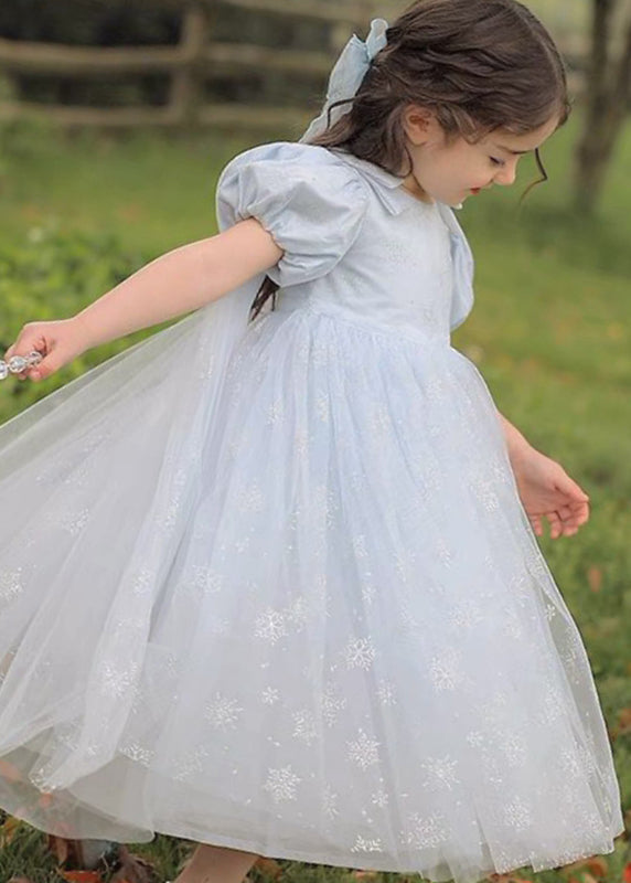 Robe longue d'été en tulle froissé bleu clair à col rond pour enfants XZ007