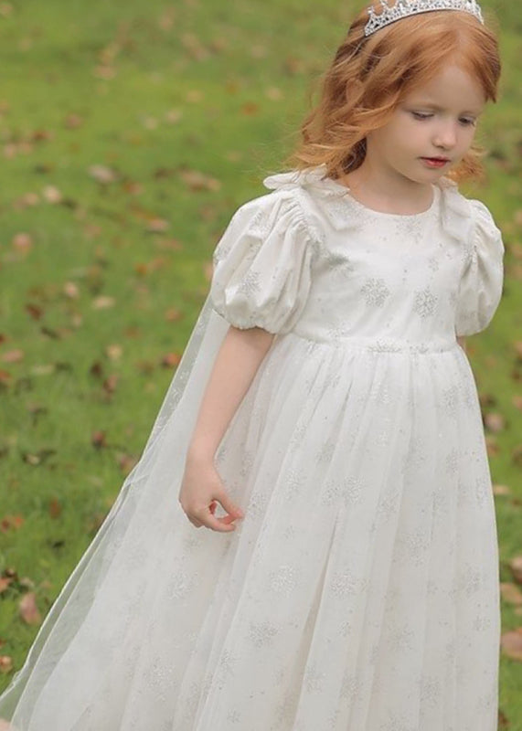 Robe longue d'été en tulle froissé bleu clair à col rond pour enfants XZ007