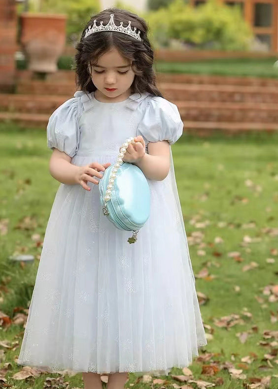 Robe longue d'été en tulle froissé bleu clair à col rond pour enfants XZ007