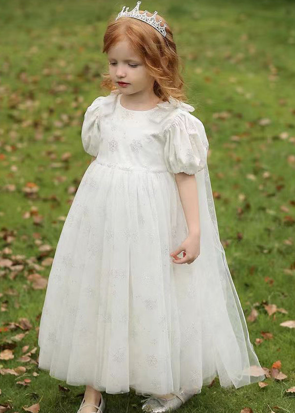 Robe longue d'été en tulle froissé bleu clair à col rond pour enfants XZ007