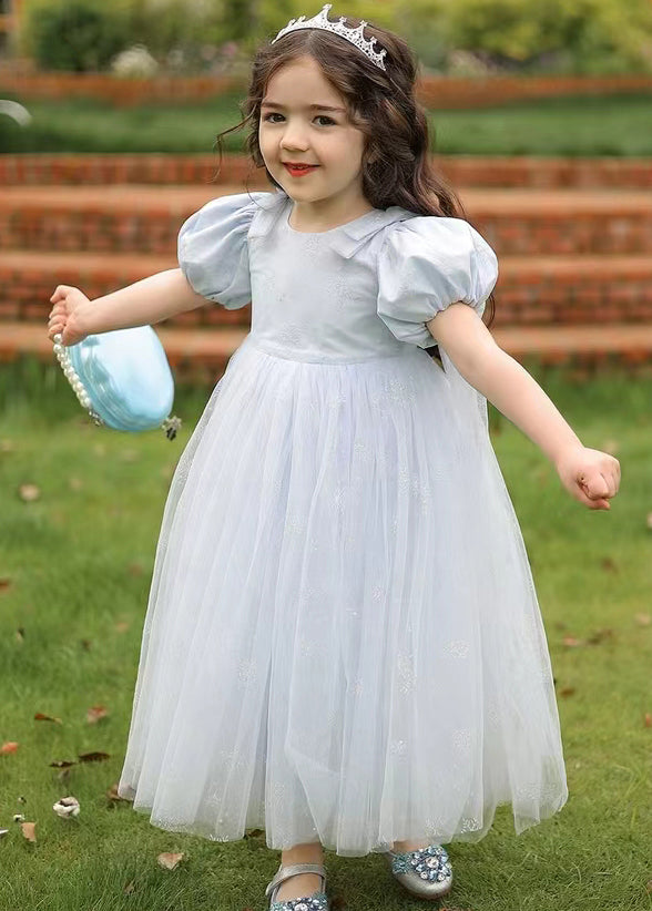 Robe longue d'été en tulle froissé bleu clair à col rond pour enfants XZ007