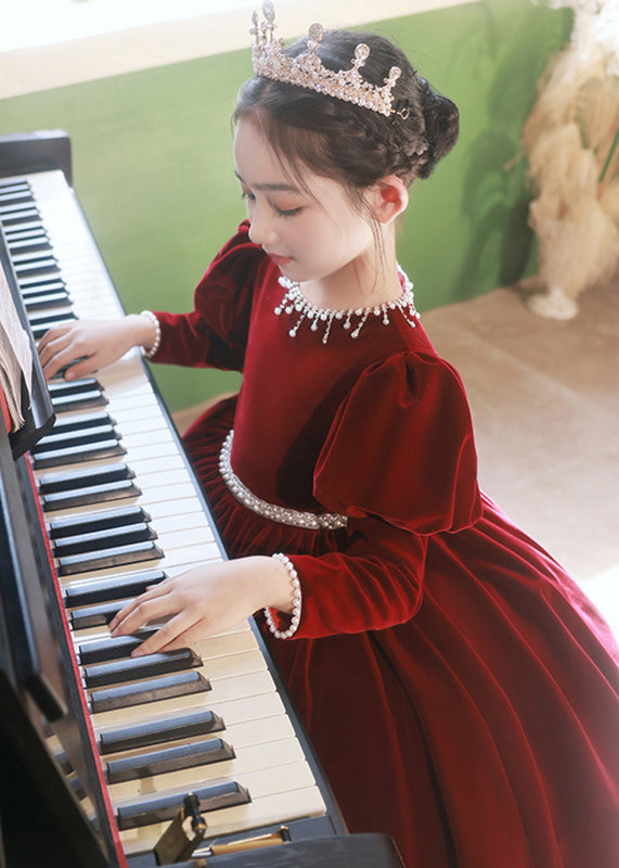Robe longue en velours et soie pour filles, perles de mûrier, patchwork