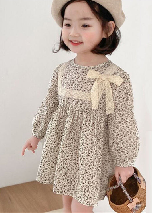 Robe mi-longue à manches longues et col rond pour fille avec imprimé patchwork en dentelle et nœud SS1066